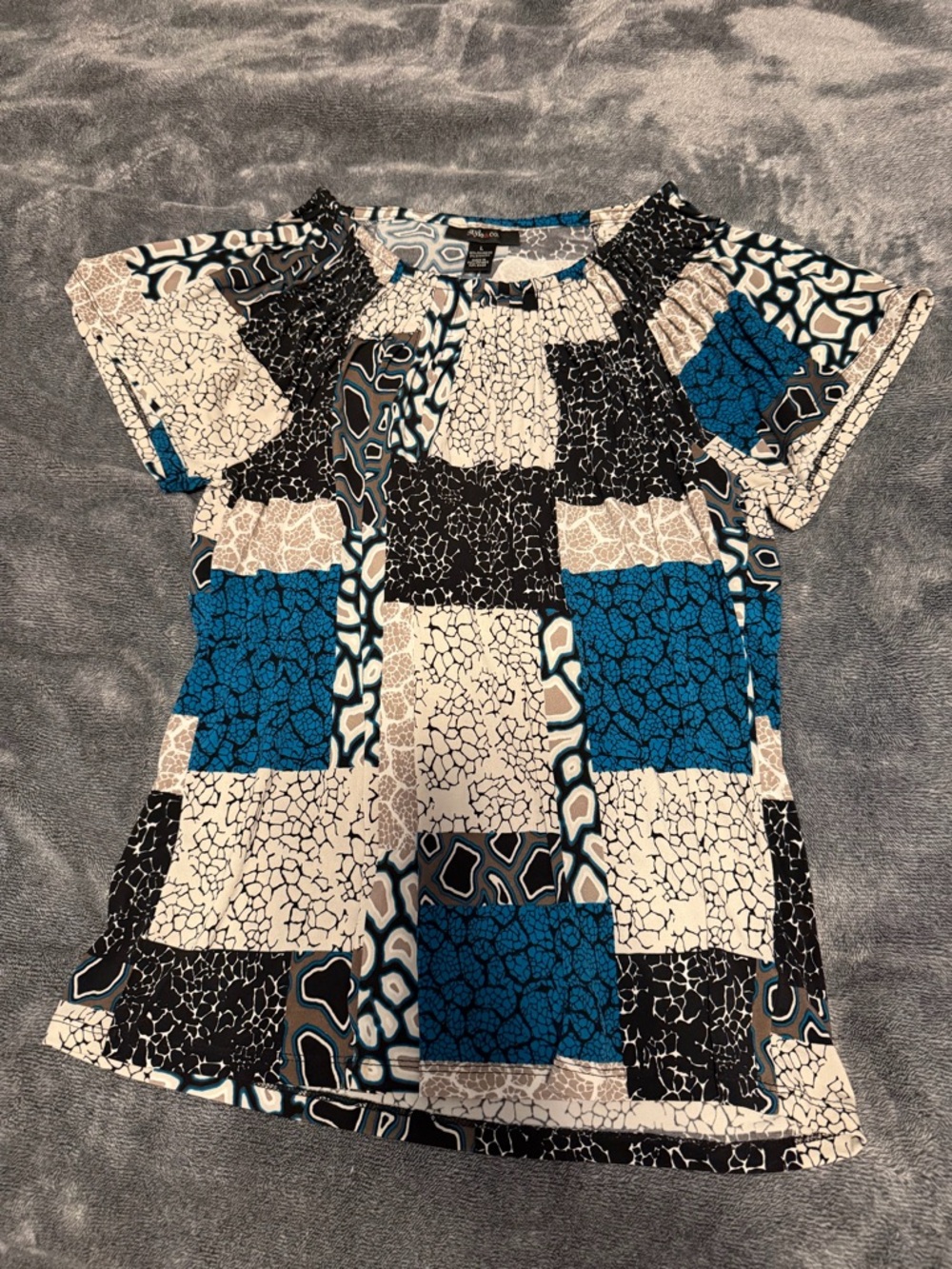 Style & Co. Blue, Black & White Patchwork Short Sleeve Top